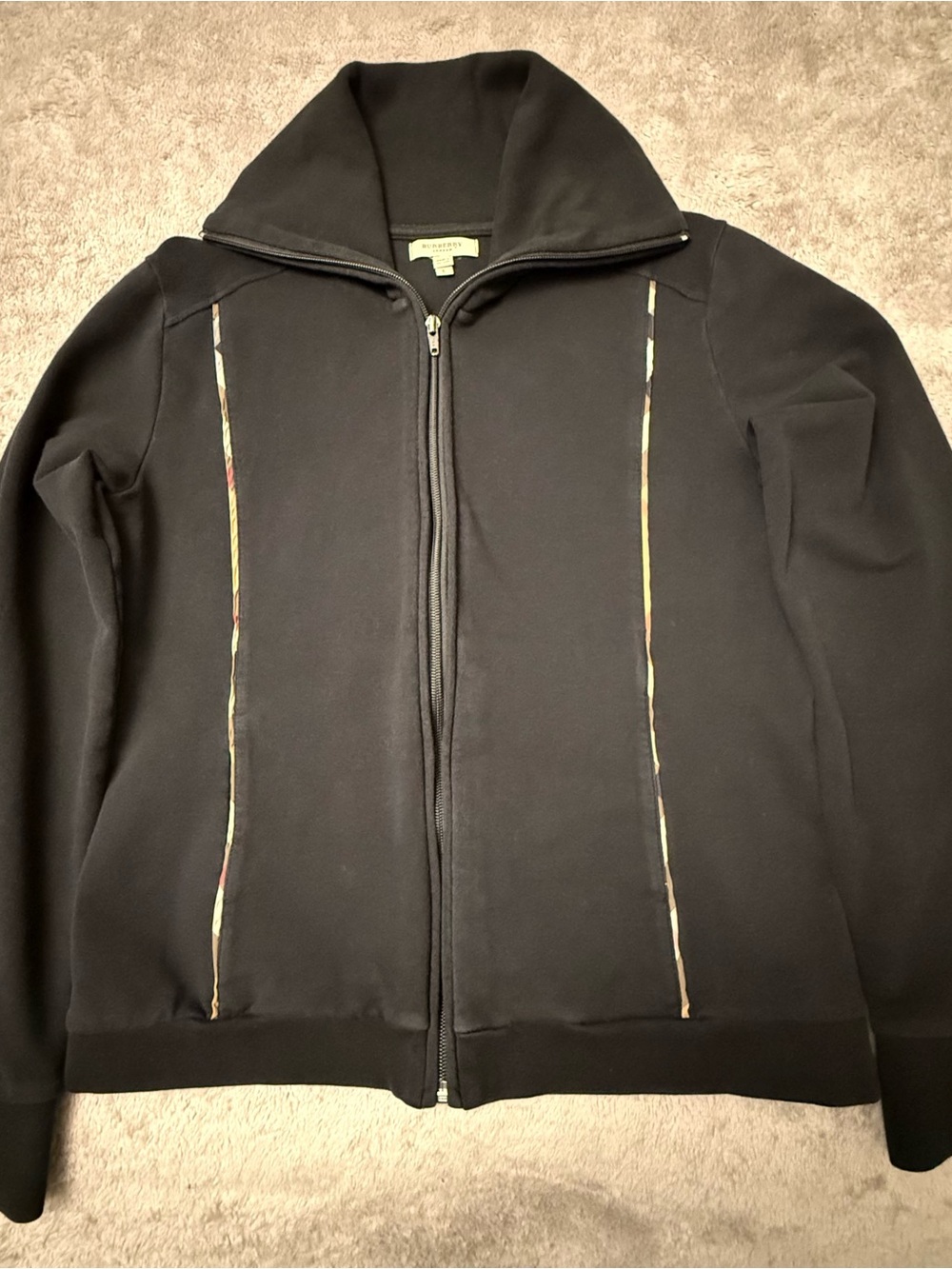 Burberry Black Zip-Front Lightweight Jacket with Subtle Multicolor Trim, L